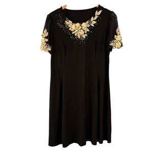 Black Cocktail Dress Womens Large Floral Gold Embroidered Rhinestone Mesh Sleeve